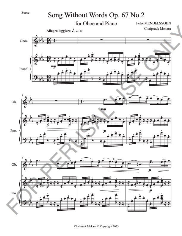Songs Without Words Op. 67, no. 2 for Oboe and Piano (Score+Part+Mp3)