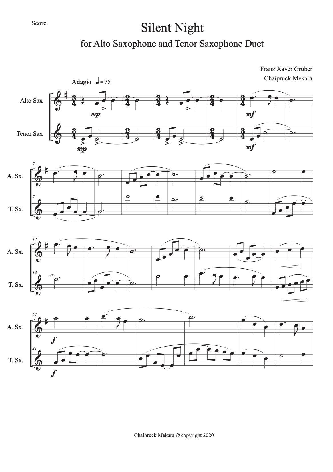 alto sax silent night sheet music