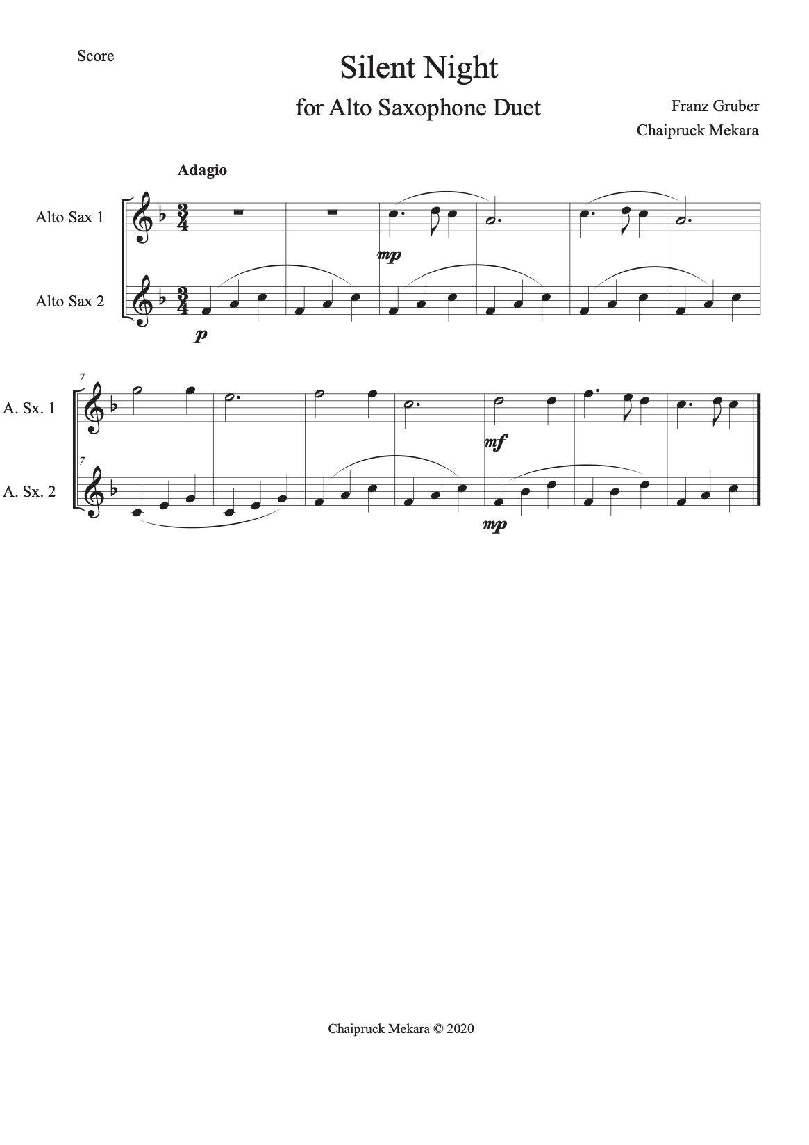 Simple- Silent Night for Alto Saxophone Duet (score+part) simple-silent-night-for-alto-saxophone-duet-score-part