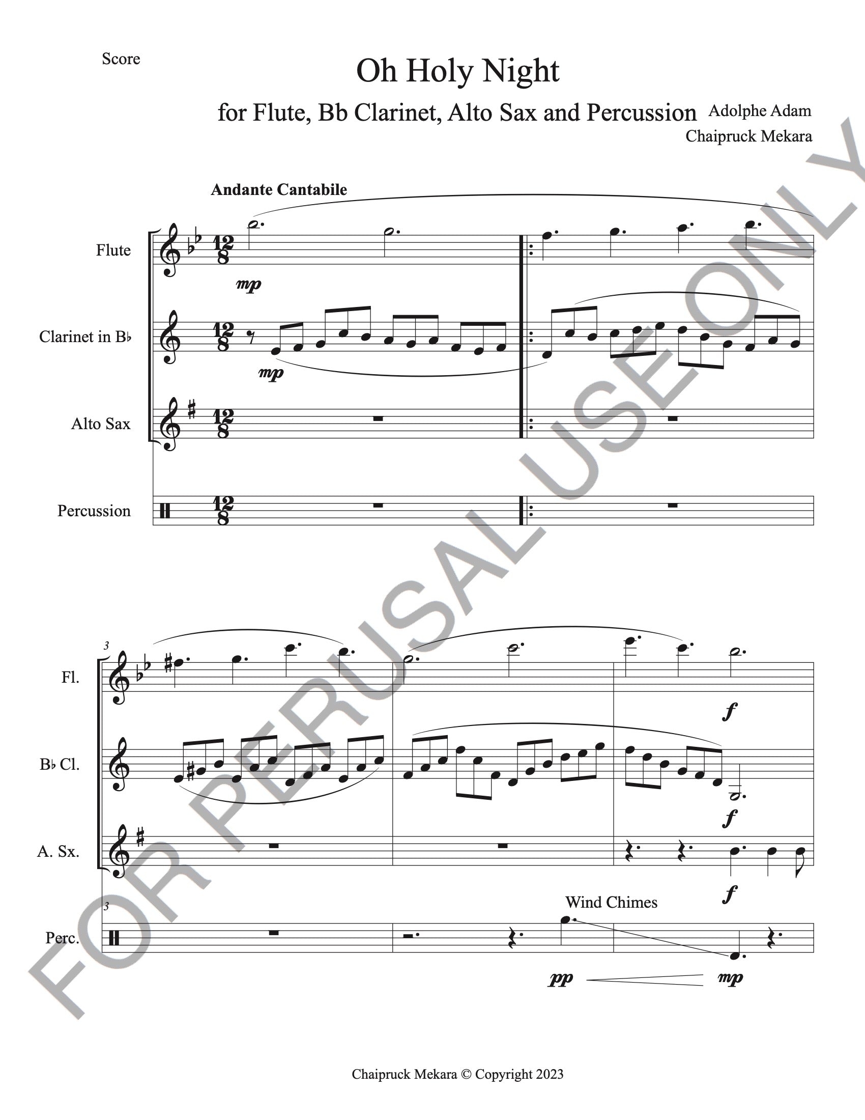 Oh Holy Night for Flute, Bb Clarinet, Alto Sax and Percussion (Score and Parts)