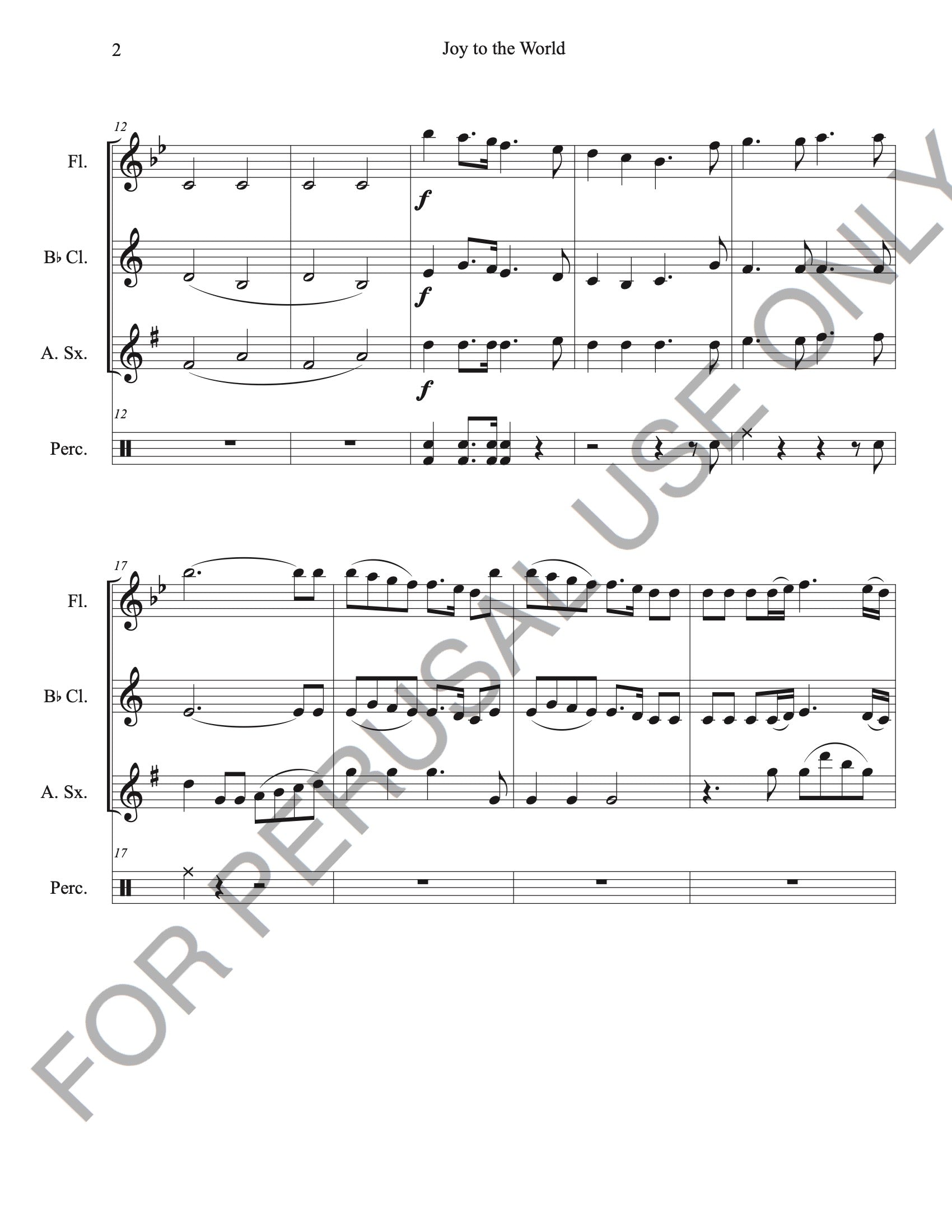 Joy to the World for Flute, Bb Clarinet, Alto Sax and Percussion (Score and Parts)
