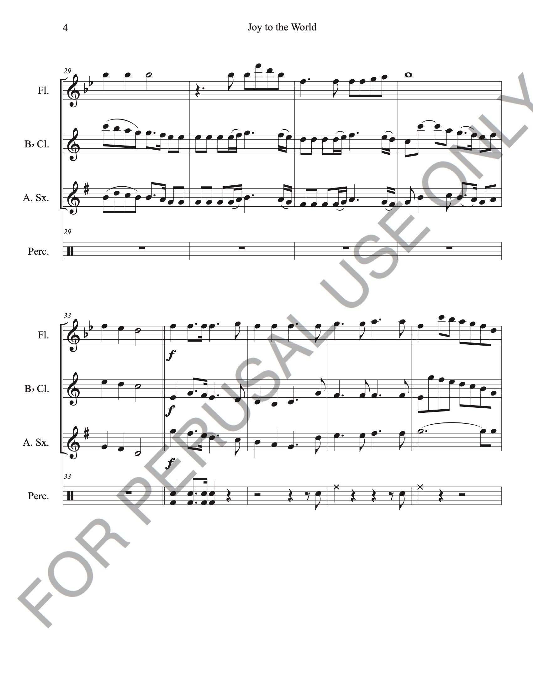 Joy to the World for Flute, Bb Clarinet, Alto Sax and Percussion (Score and Parts)