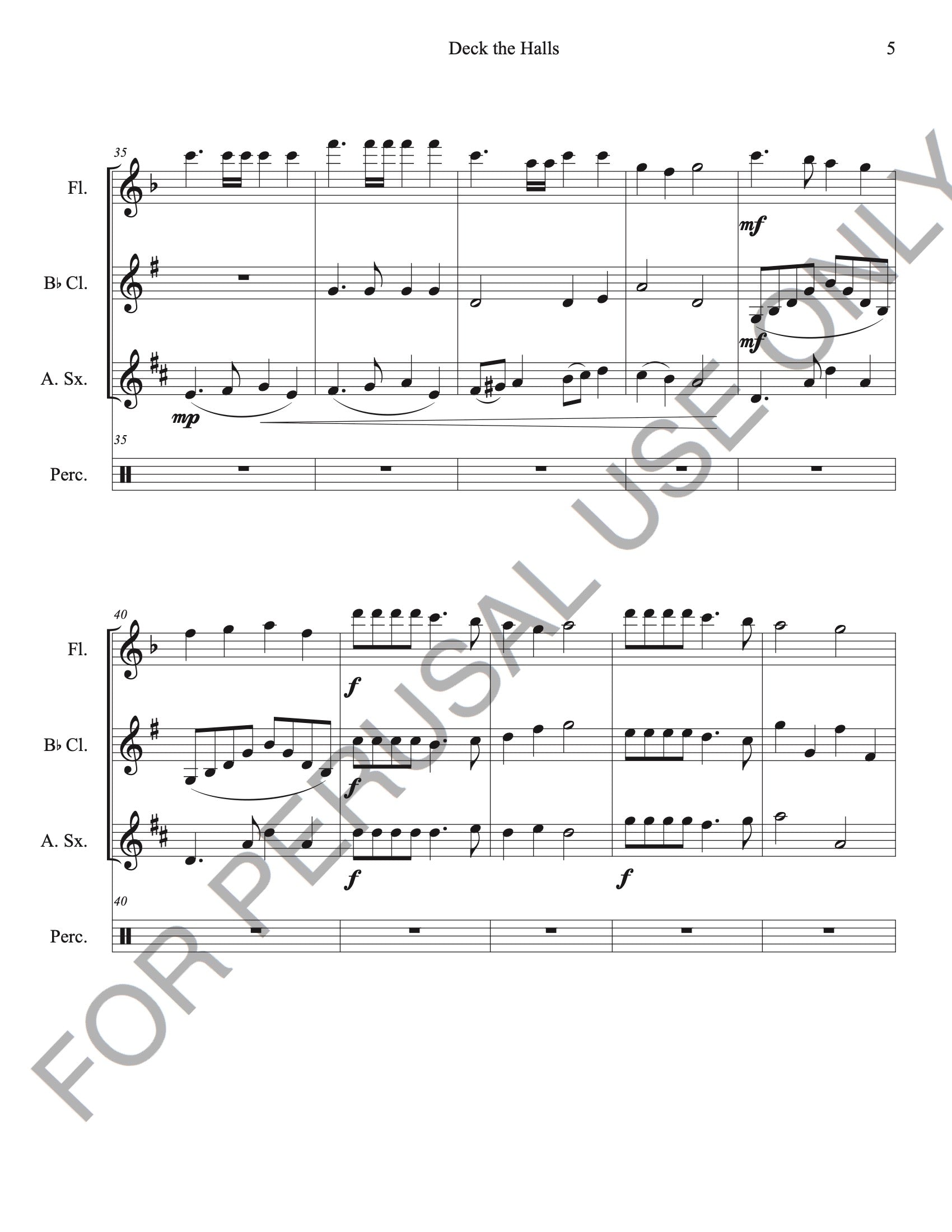 Deck the Halls for Flute, Bb Clarinet, Alto Sax and Percussion (Score and Parts)
