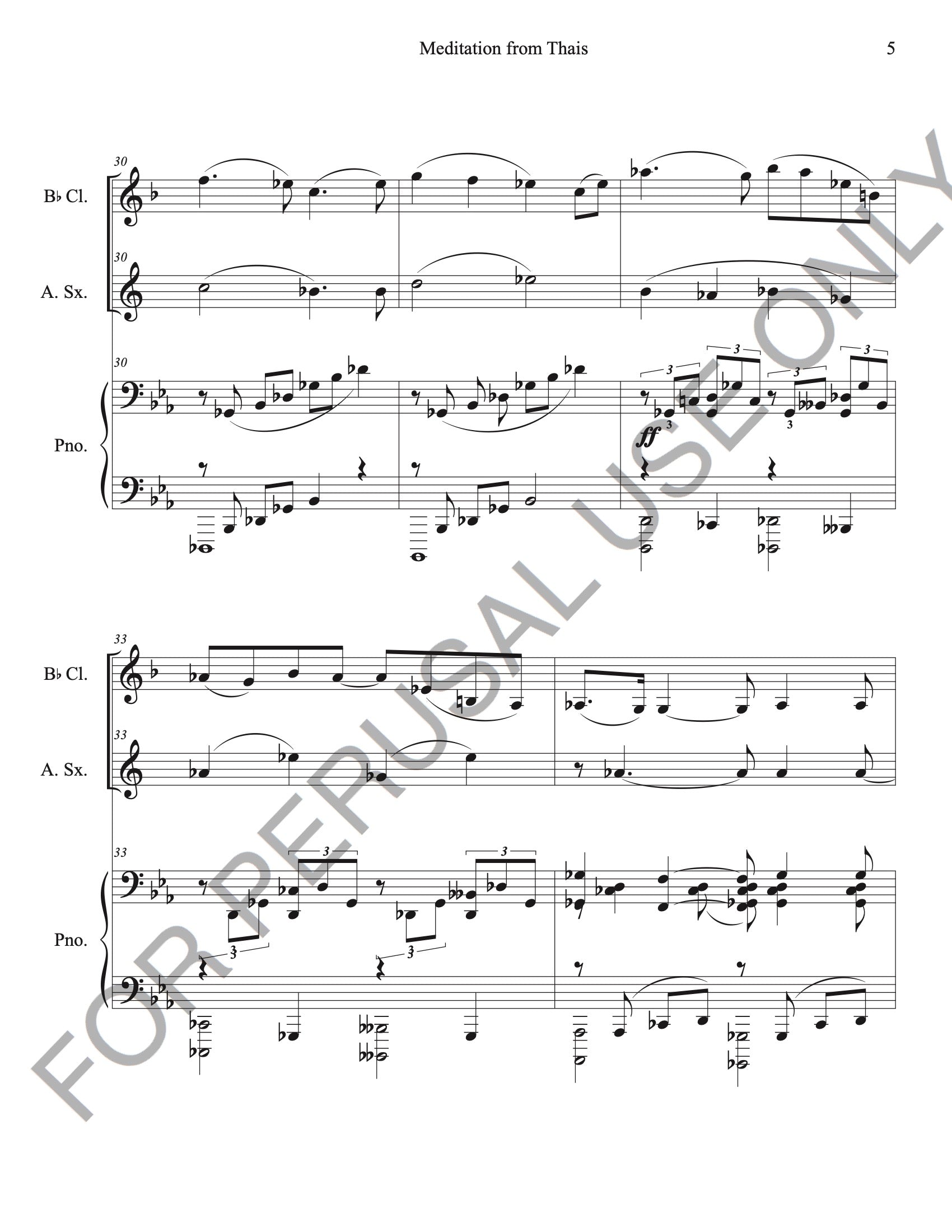 Meditation from Thais for Bb Clarinet, Alto Sax and Piano (Score+Parts+mp3)