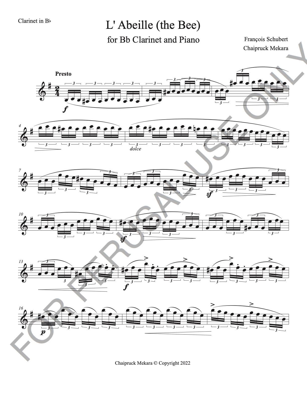 Bb Clarinet and Piano sheet music:Schubert's L'Abeille (The Bee) - ChaipruckMekara