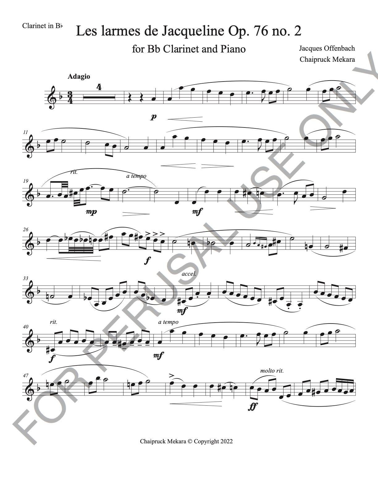 Bb Clarinet and Piano Sheet music: Les larmes de Jacqueline - Offenbach (score+parts+mp3) - ChaipruckMekara