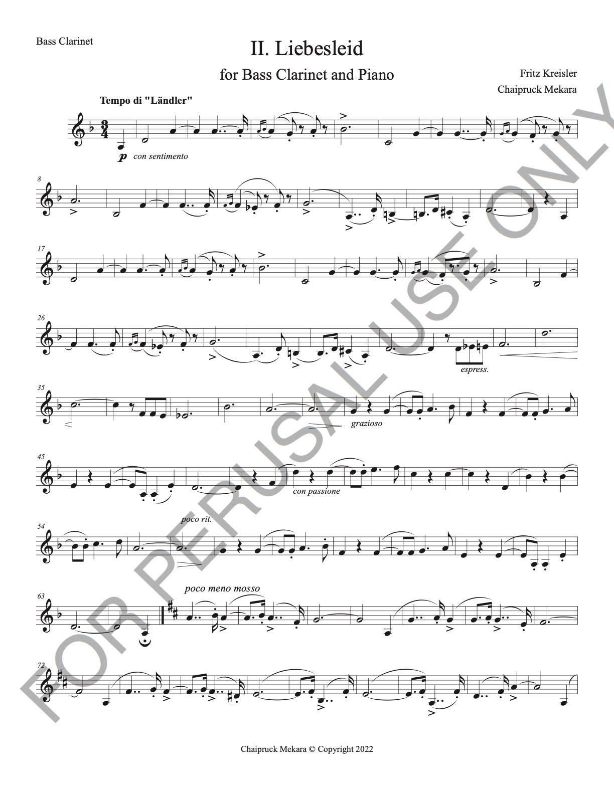 Bass Clarinet and Piano sheet music:Liebesleid (score+parts+mp3) - ChaipruckMekara
