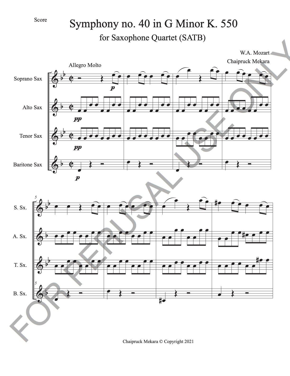 Saxophone Quartet (SATB) sheet music: Mozart's Symphony no.40 - ChaipruckMekara