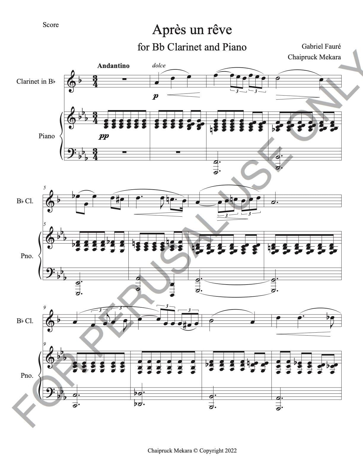 Bb Clarinet and Piano Sheet Music: Après un rêve by Faure (score+parts+mp3) - ChaipruckMekara
