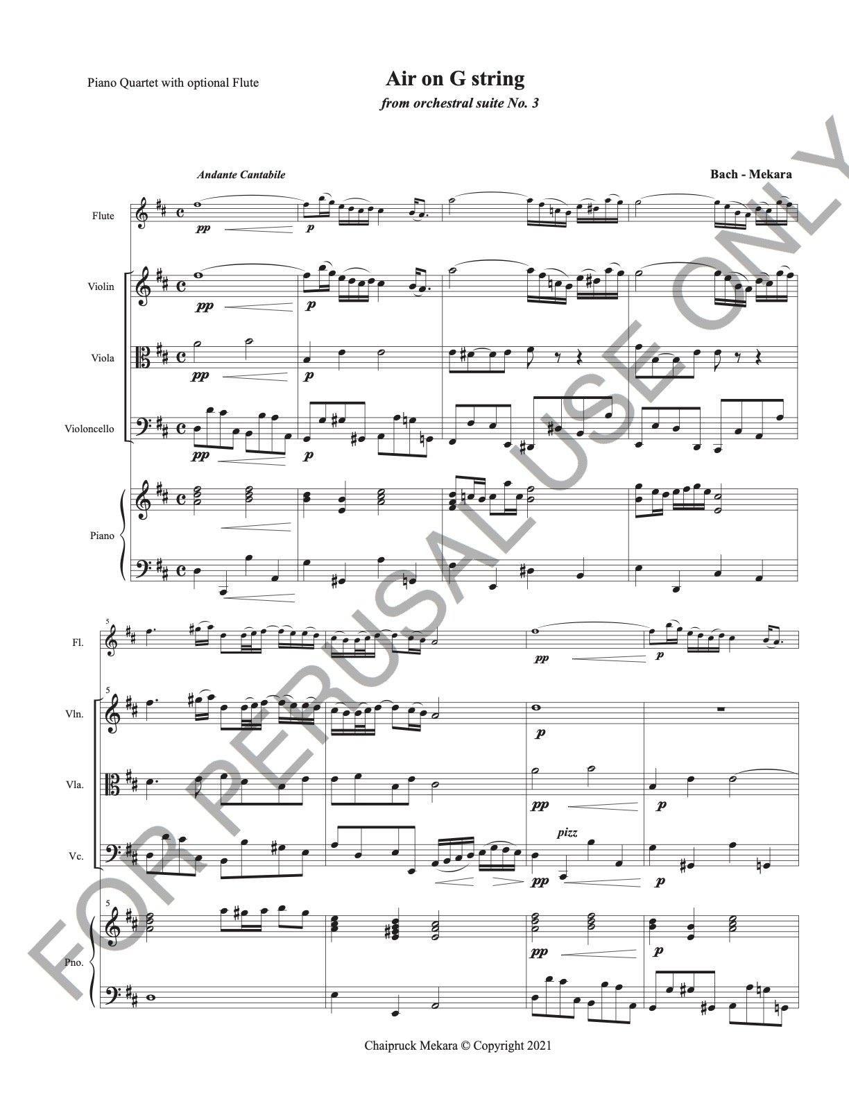 Piano Quartet with optional Flute sheet music: Bach Air on G String - ChaipruckMekara