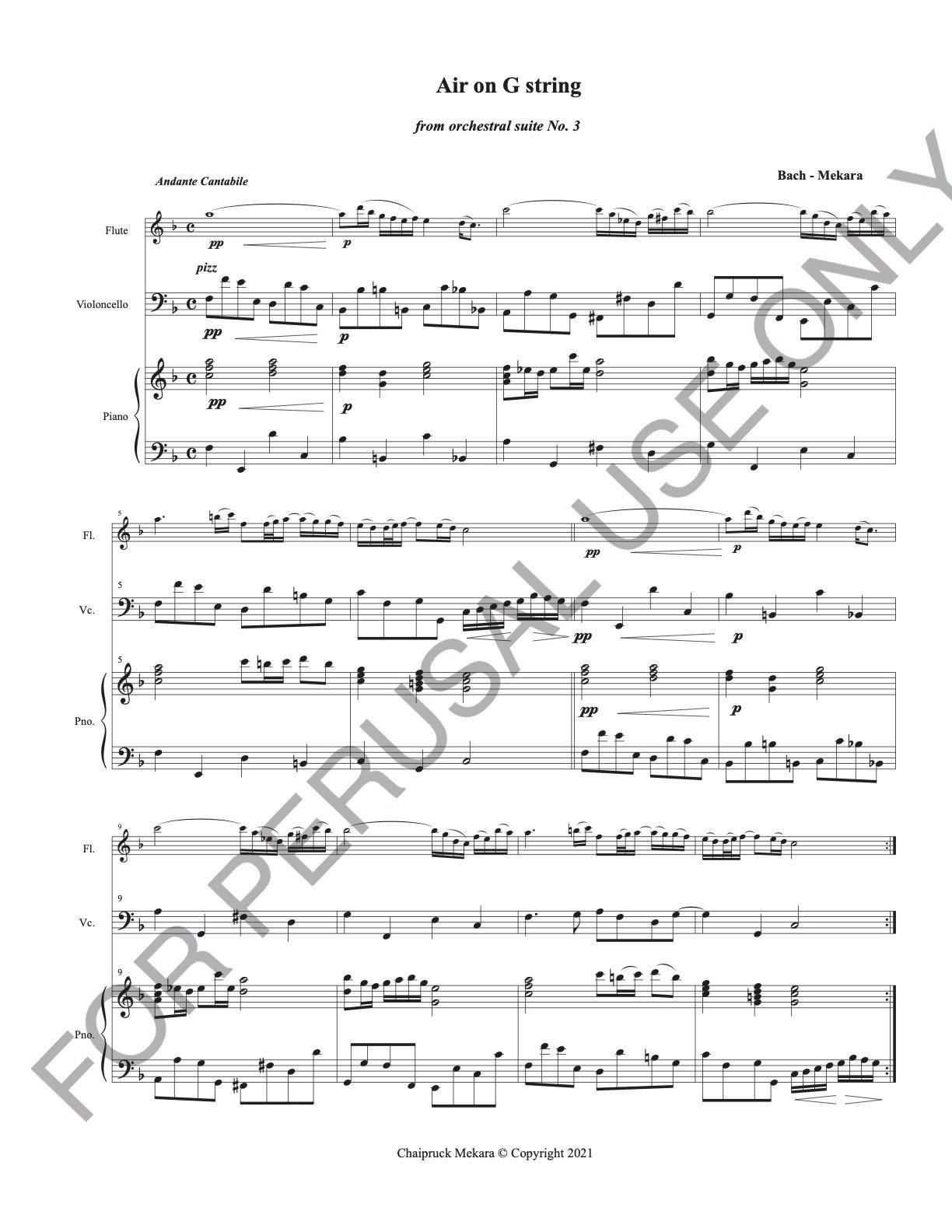Flute, Cello Piano sheet music - Bach-Air on G String - ChaipruckMekara