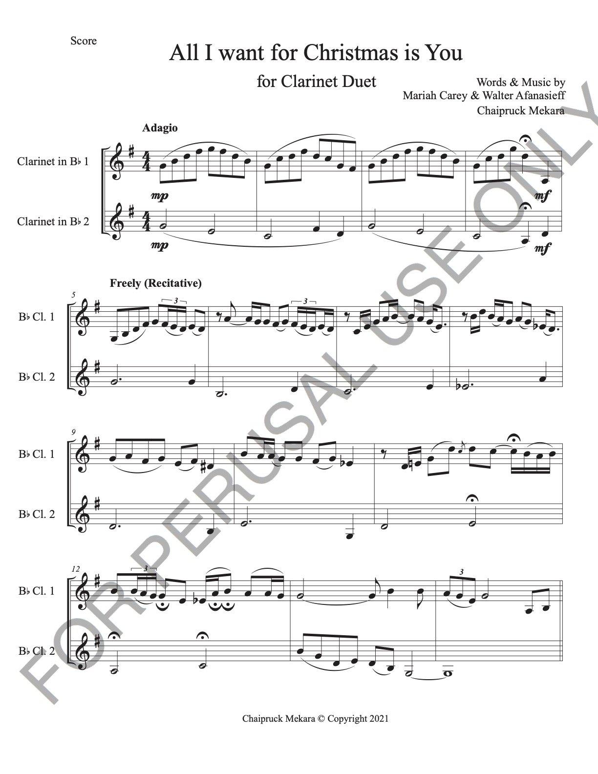 Clarinet Duet sheet music: All I want for Christmas is You - ChaipruckMekara