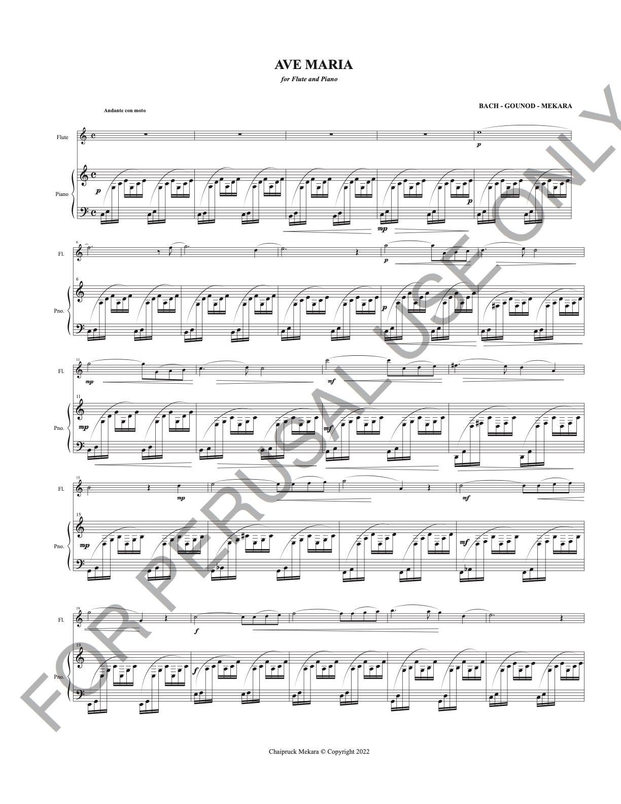 Ave Maria by J.S. Bach and Gounod for Flute and Piano Duet sheet music - ChaipruckMekara