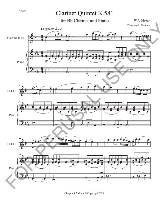 Mozart's Clarinet Quintet K.581 for Bb Clarinet and Piano (Larghetto) Score+Part+mp3