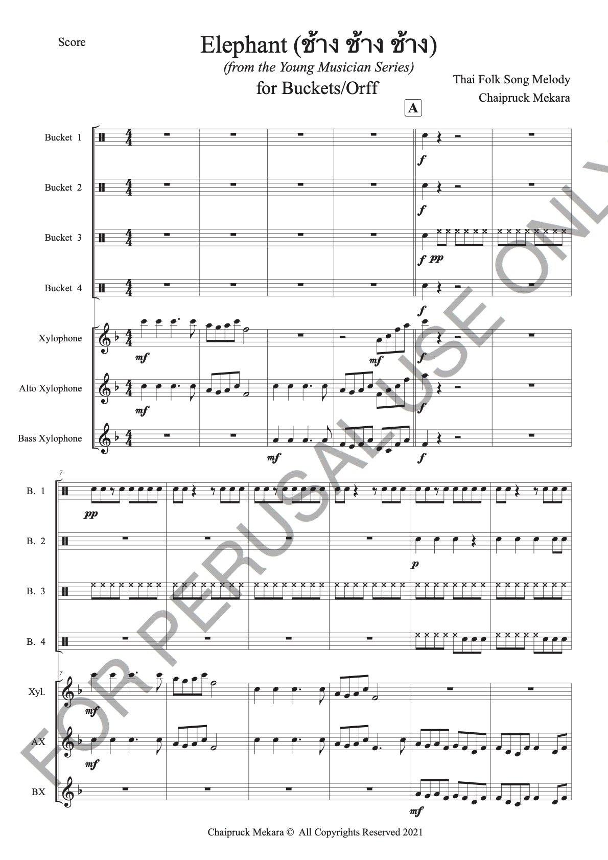 Bucket Drums and Orff Orchestra - Elephant (ช้าง ช้าง ช้าง) (score+parts) - ChaipruckMekara