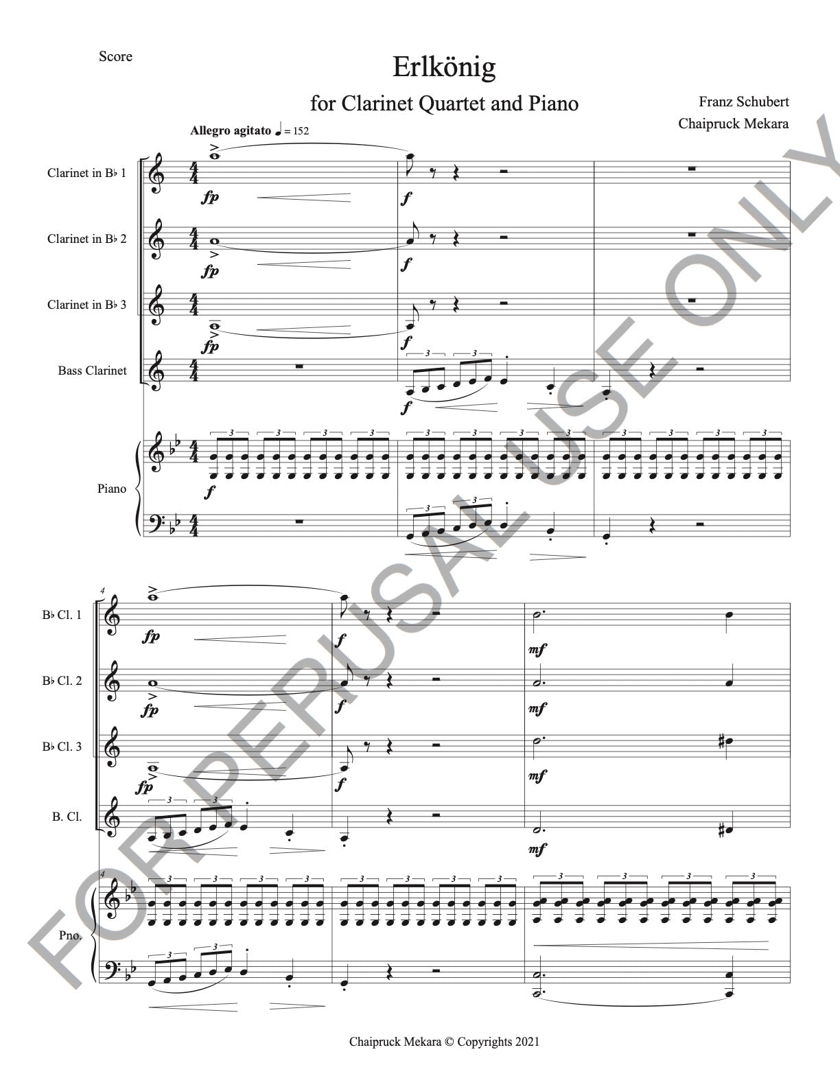 Clarinet Quartet and Piano sheet music: Erlkönig, Op.1 D328 by Franz Schubert - ChaipruckMekara