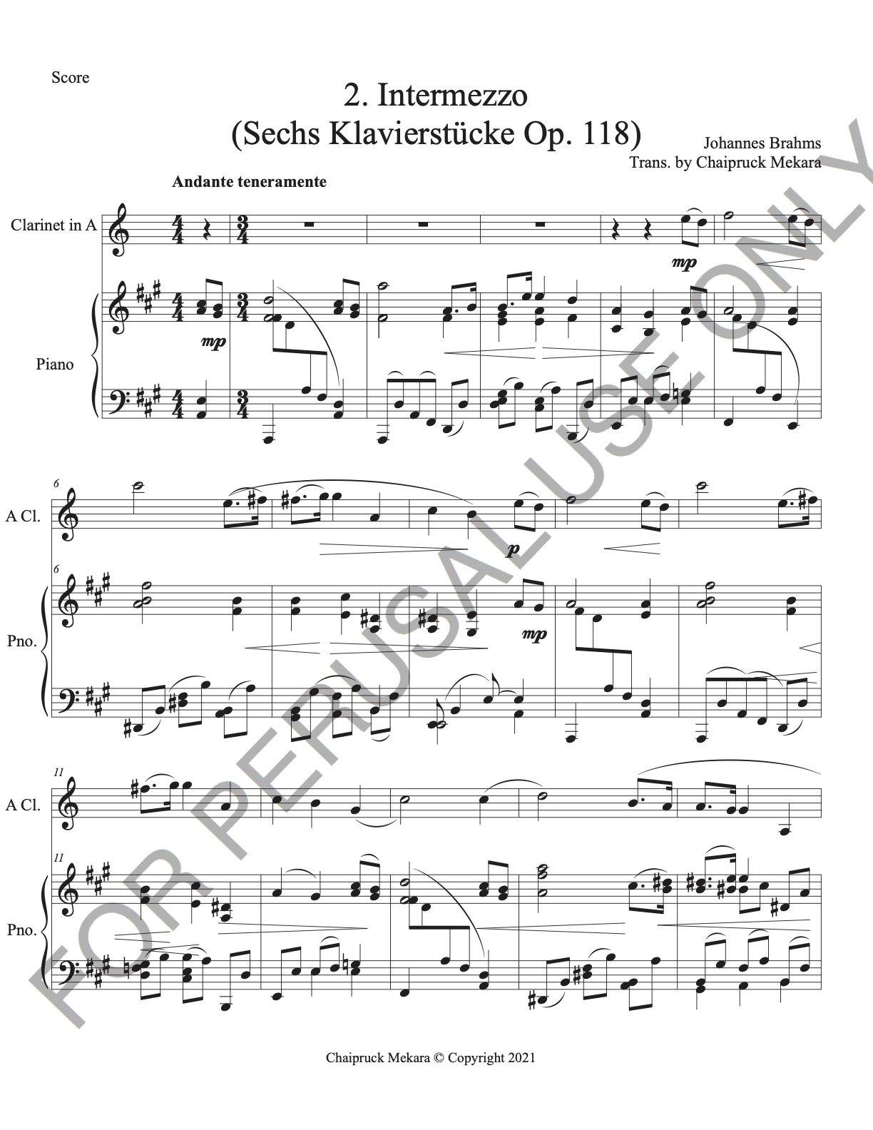 Clarinet and Piano sheet music: Brahms: Intermezzo Op. 118 no. 2 - ChaipruckMekara