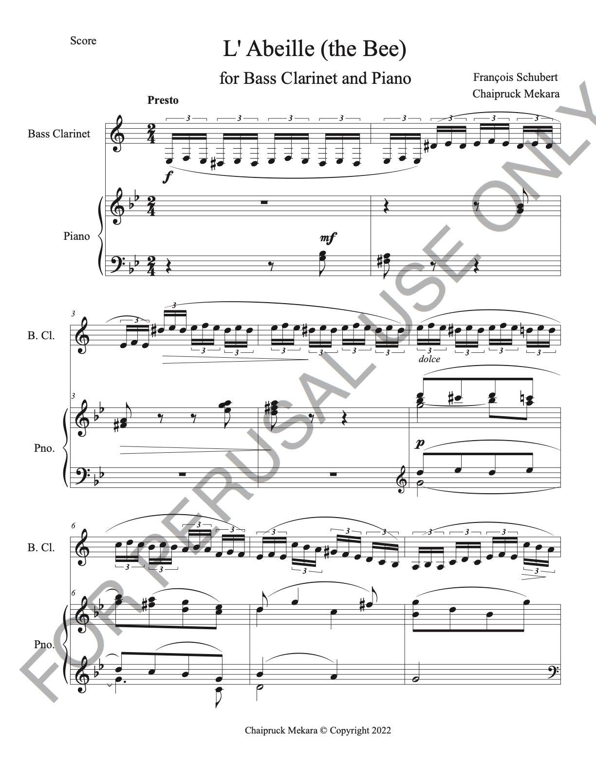 Bass Clarinet and Piano sheet music:Schubert's L'Abeille (The Bee) - ChaipruckMekara