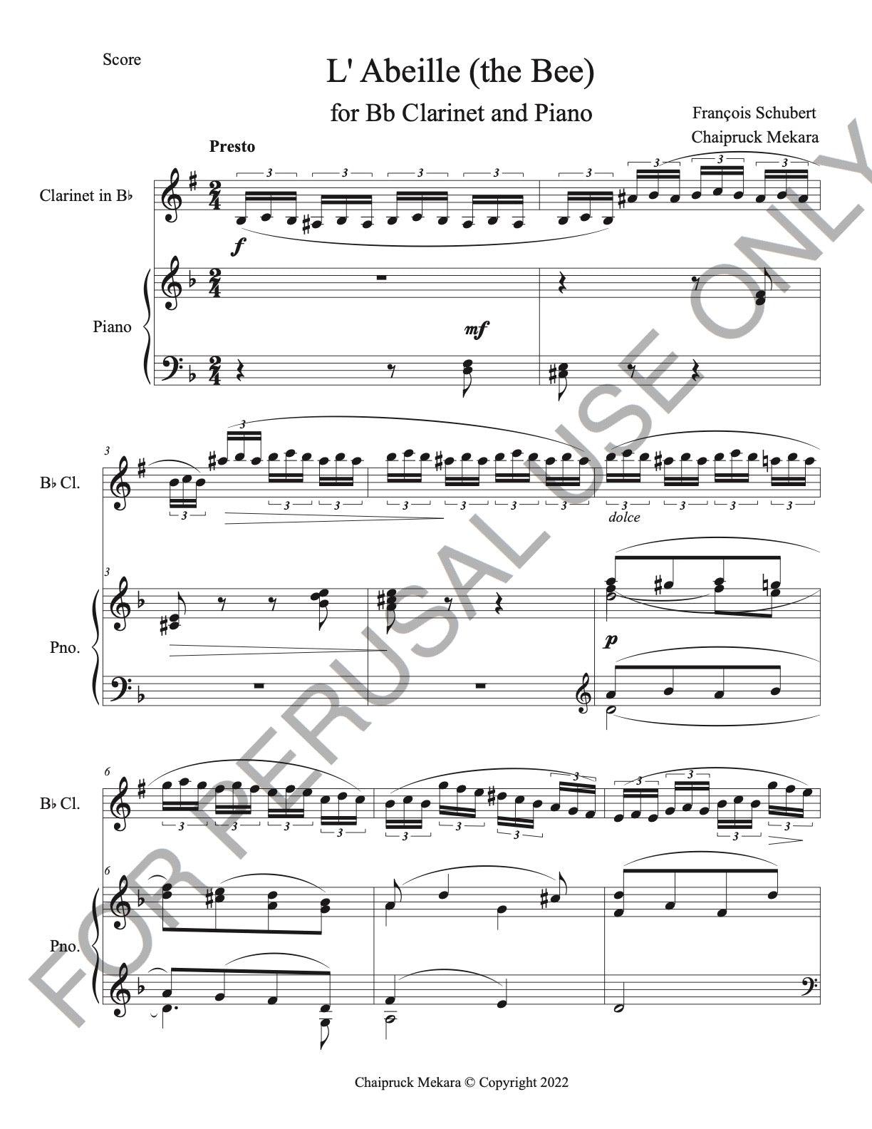 Bb Clarinet and Piano sheet music:Schubert's L'Abeille (The Bee) - ChaipruckMekara