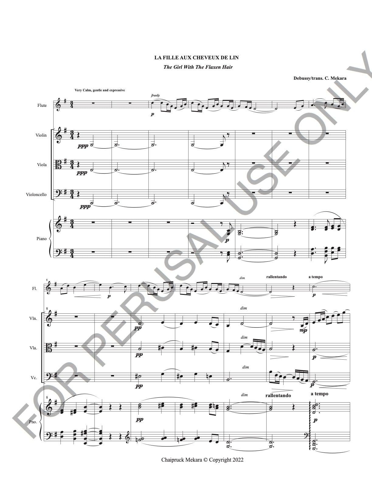 La Fille Aux Cheveux De Lin - Flute Violin Viola Cello and Piano - ChaipruckMekara