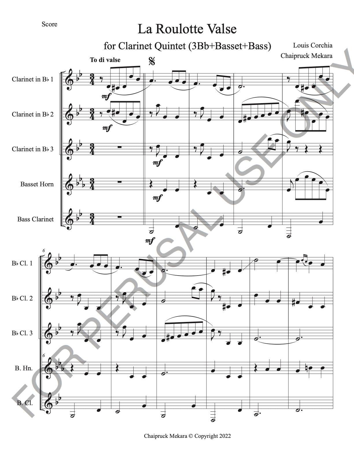 Clarinet Quintet sheet music (3Bb+Basset+Bass): La Roulotte Valse by Louis Corchia - ChaipruckMekara