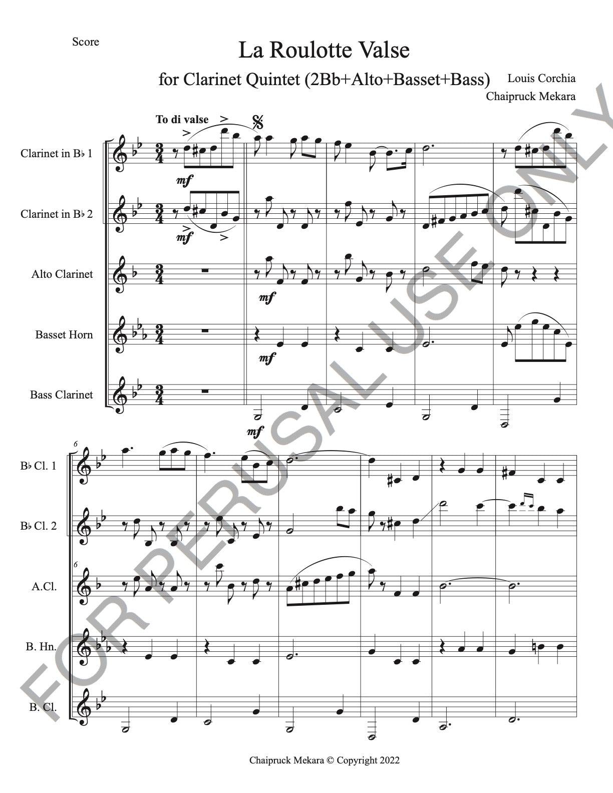 Clarinet Quintet sheet music (2Bb+Alto+Basset+Bass): La Roulotte Valse by Louis Corchia - ChaipruckMekara