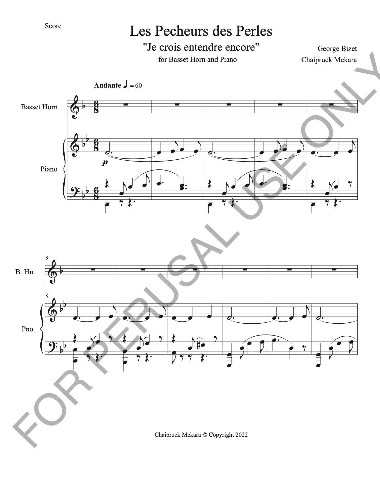 Basset Horn and Piano sheet music: Je crois entendre encore from Les Pecheurs de Perles - ChaipruckMekara
