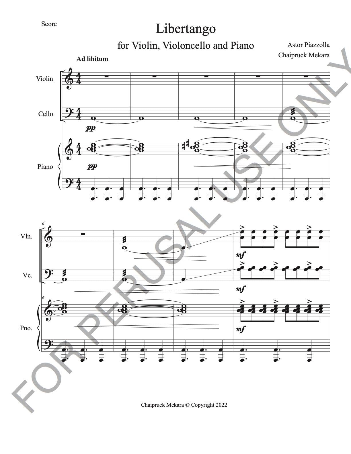Violin, Violoncello and Piano sheet music - Piazzolla's Libertango (score and parts) - ChaipruckMekara