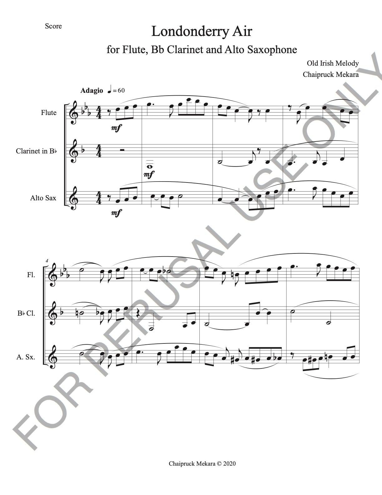 Londonderry Air for Flute, BbClarinet and Alto Saxophone (score+parts) - ChaipruckMekara