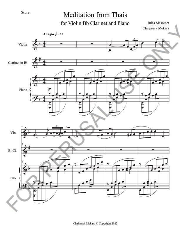 Meditation from Thais for Violin, Bb Clarinet and Piano (Score+Parts+mp3) - ChaipruckMekara