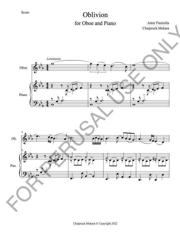 Oblivion for Oboe and Piano by Astor Piazzolla (Score+Parts+mp3) - ChaipruckMekara