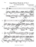 Songs Without Words Op. 67, no. 2 for A Clarinet and Piano (Score+Part+Mp3)