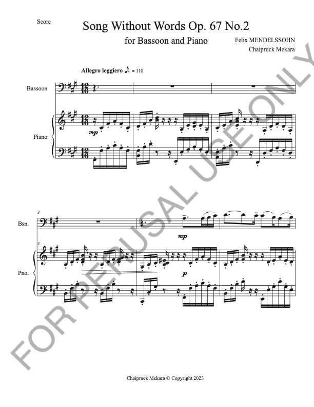 Songs Without Words Op. 67, no. 2 for Bassoon and Piano