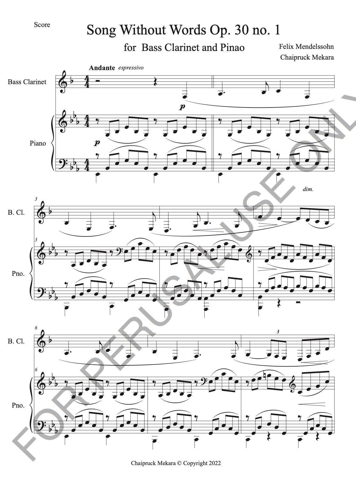 Bass Clarinet & Piano sheet music - Songs Without Words Op. 30, no. 1 - ChaipruckMekara