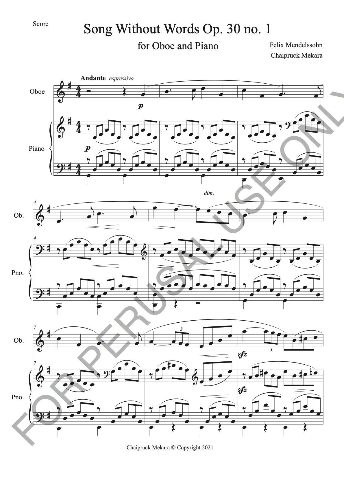 Oboe and Piano sheet music: Songs Without Words Op. 30, no. 1 - ChaipruckMekara