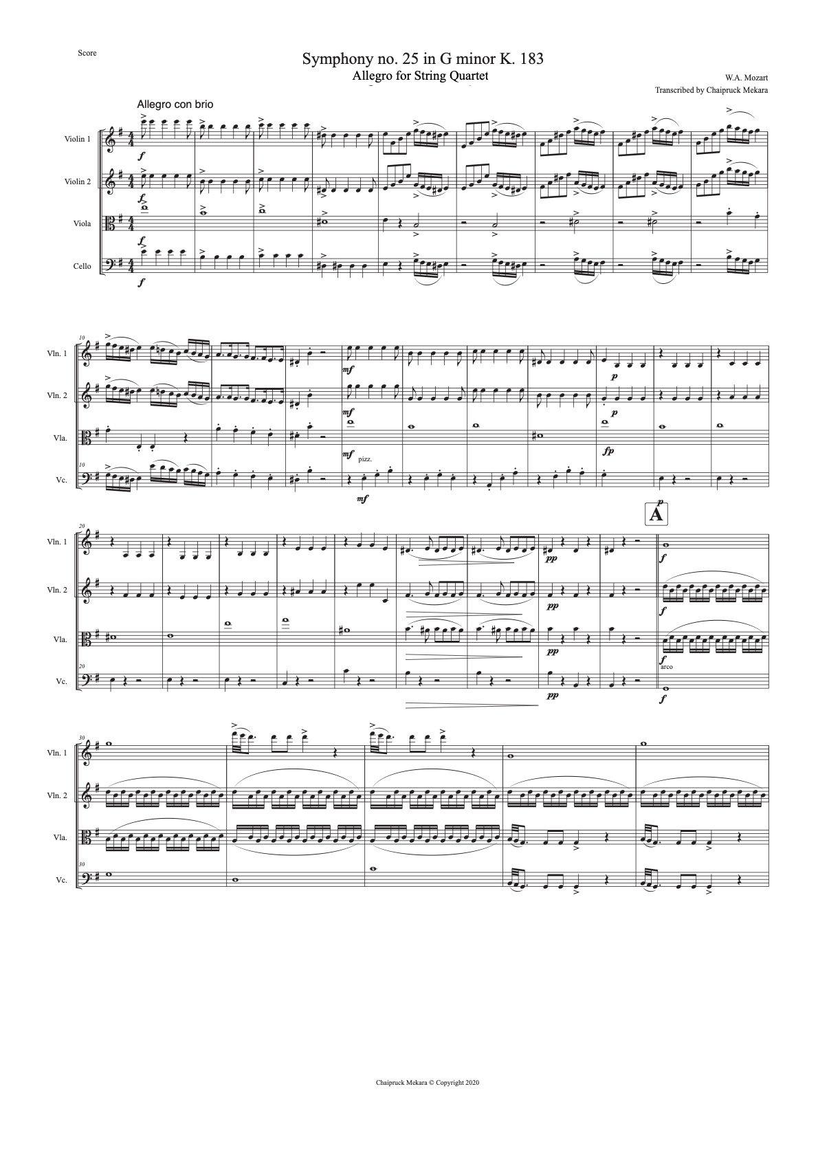 String Quartet sheet music : Mozart's Symphony no. 25 in G minor - ChaipruckMekara