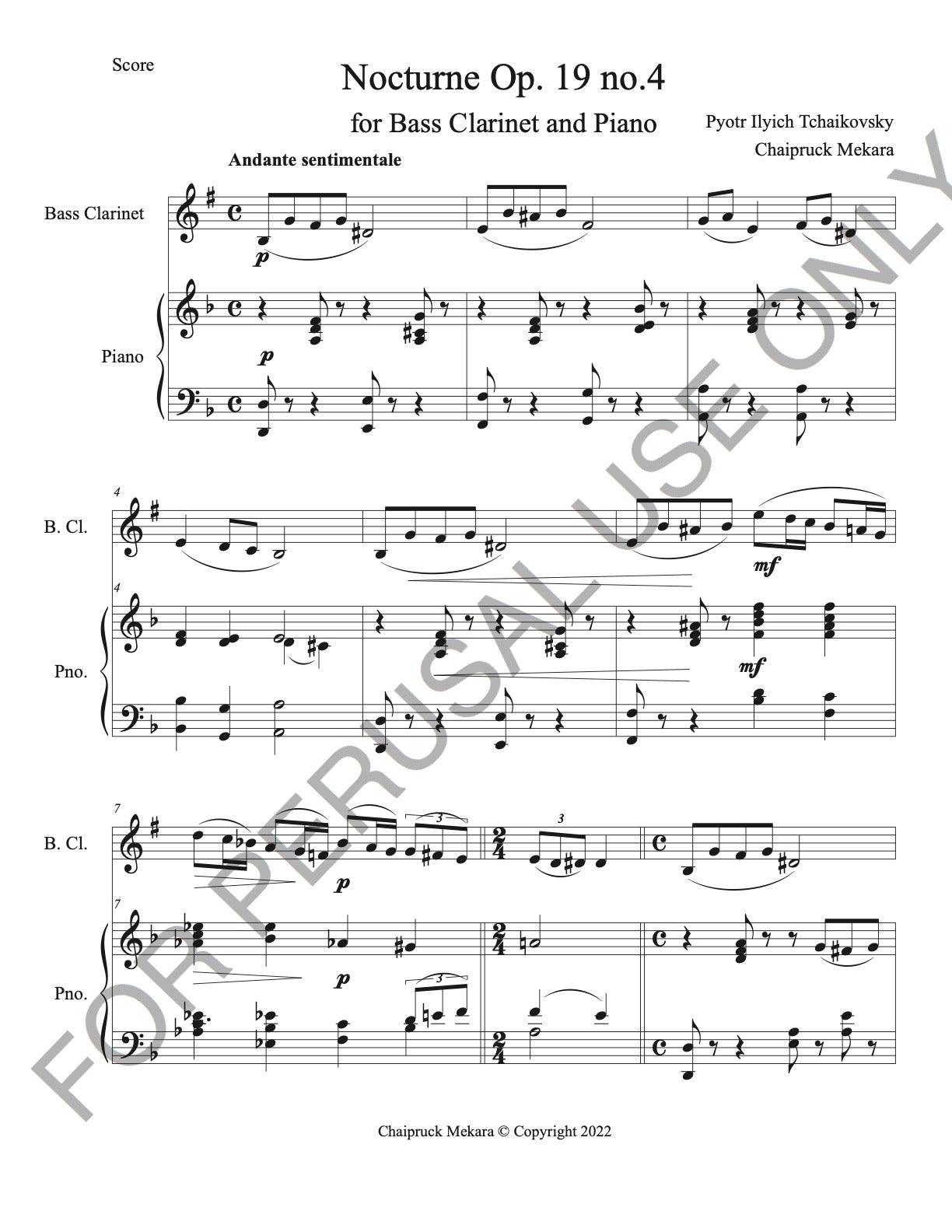 Bass Clarinet and Piano sheet music: Tchaikovsky's Nocturne, Op. 19 - ChaipruckMekara