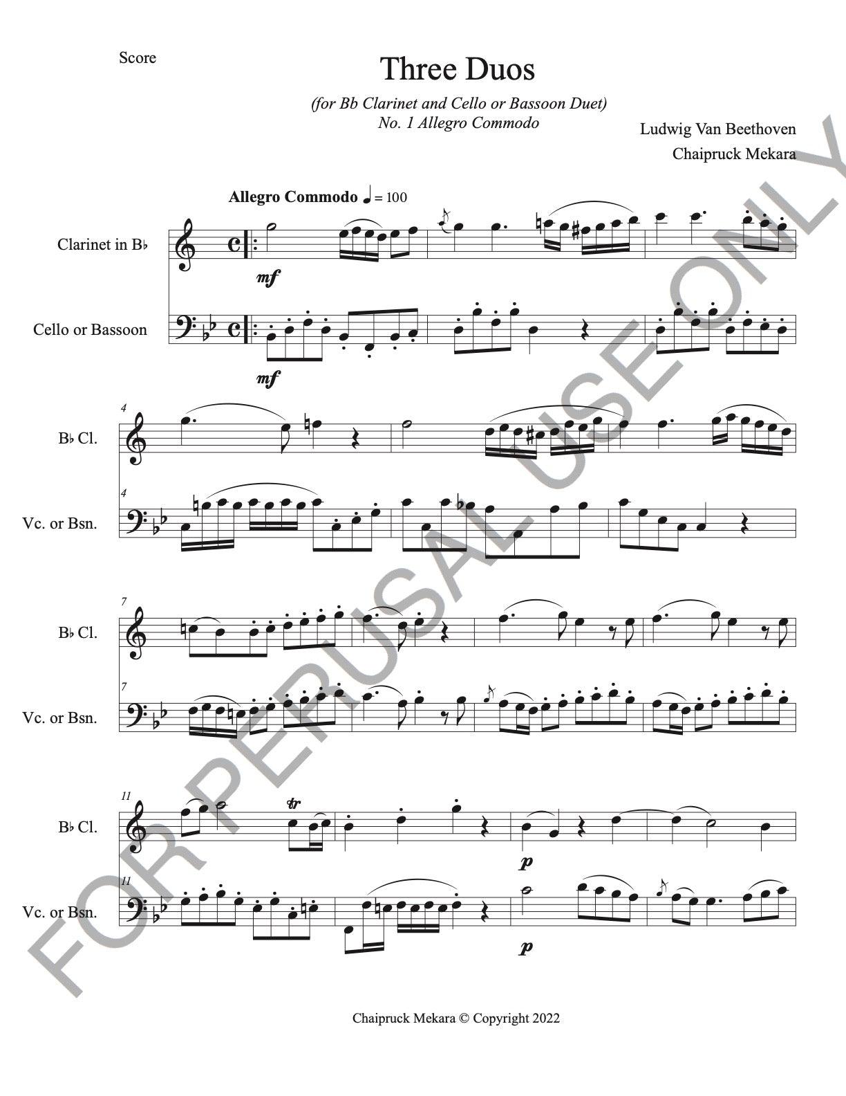 Clarinet and Cello/Bassoon Duet sheet music:Three Duos No.1 by Beethoven - ChaipruckMekara