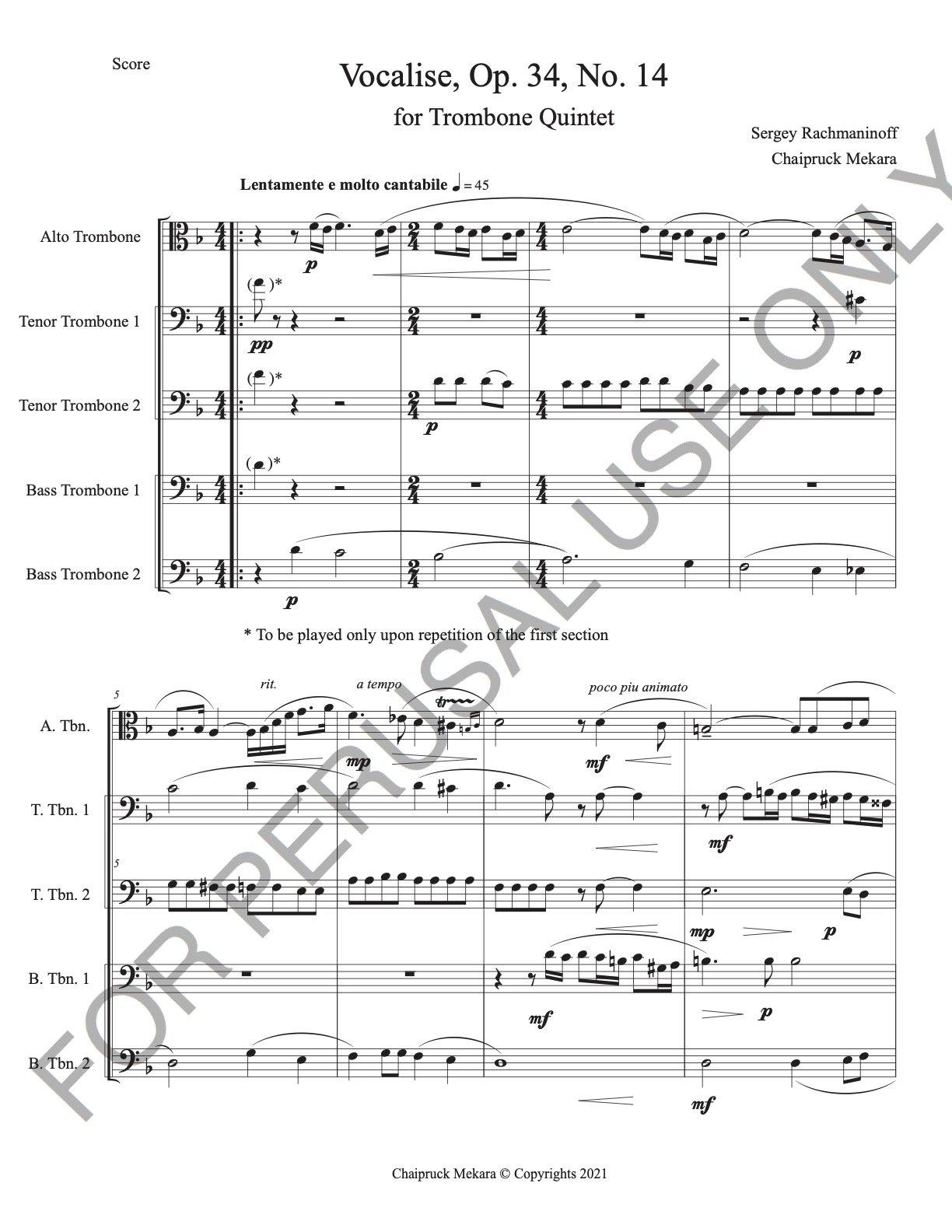 Vocalise, Op. 34 no.14 by Sergei Rachmaninoff for Trombone Quintet - ChaipruckMekara