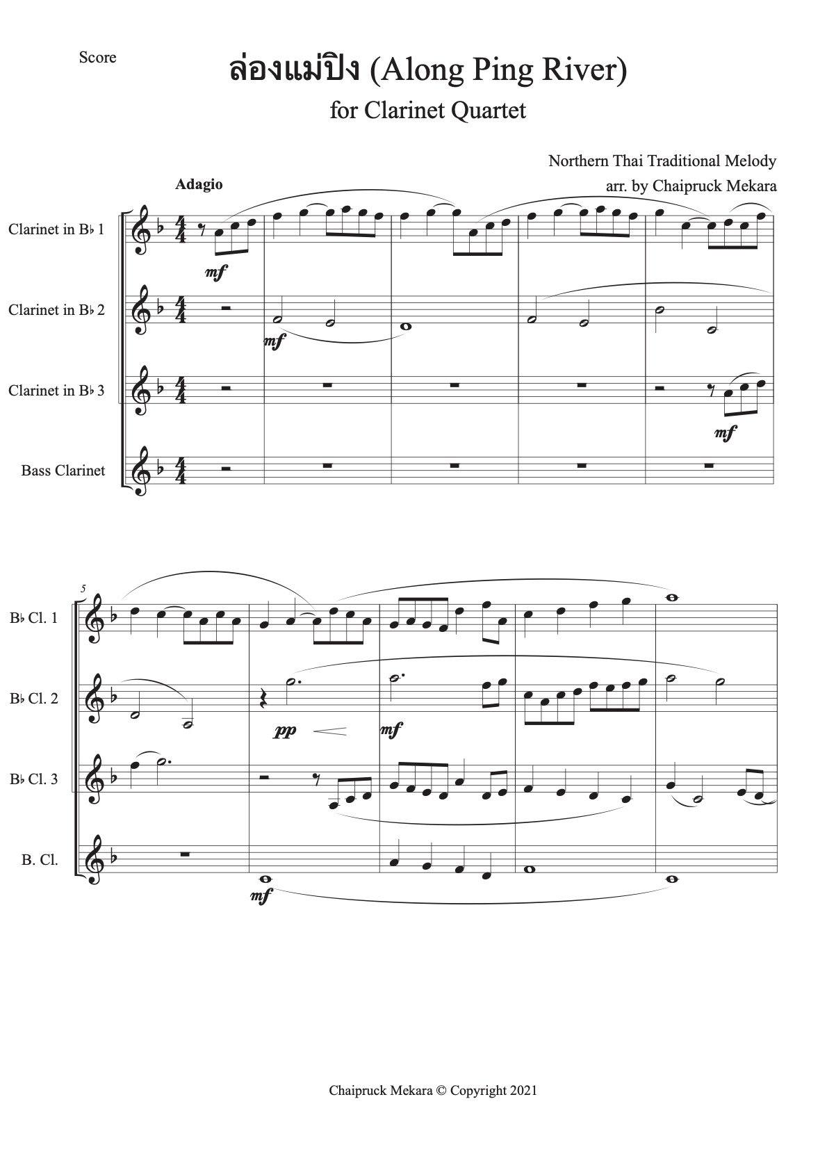 Along Ping River (ล่องแม่ปิง) Clarinet Quartet sheet music - ChaipruckMekara