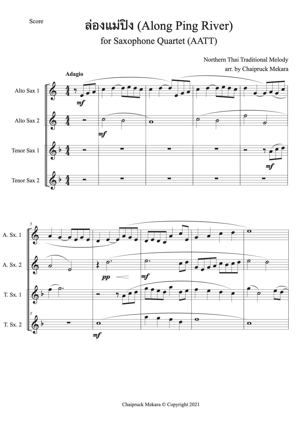 Saxophone Quartet sheet music - Along Ping River (ล่องแม่ปิง) AATT - ChaipruckMekara