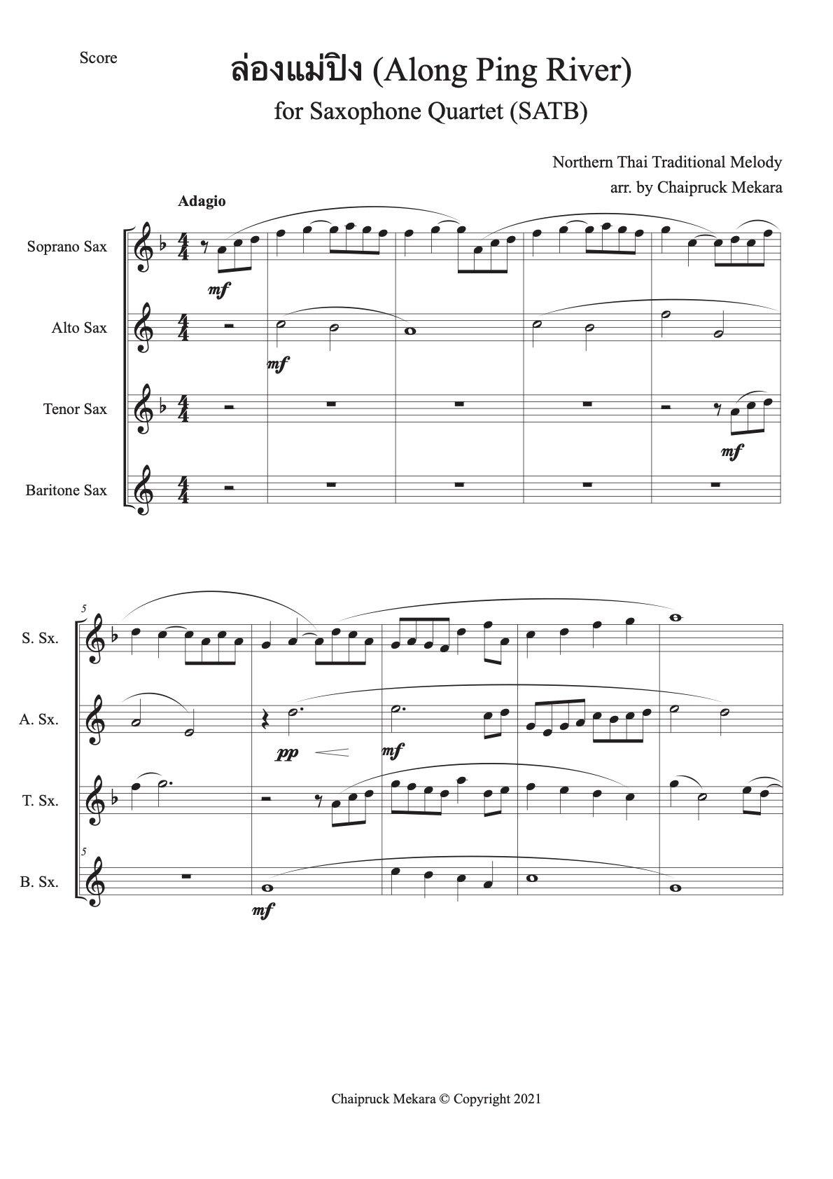 sax quartet sheet music (SATB) - Along Ping River (ล่องแม่ปิง) - ChaipruckMekara