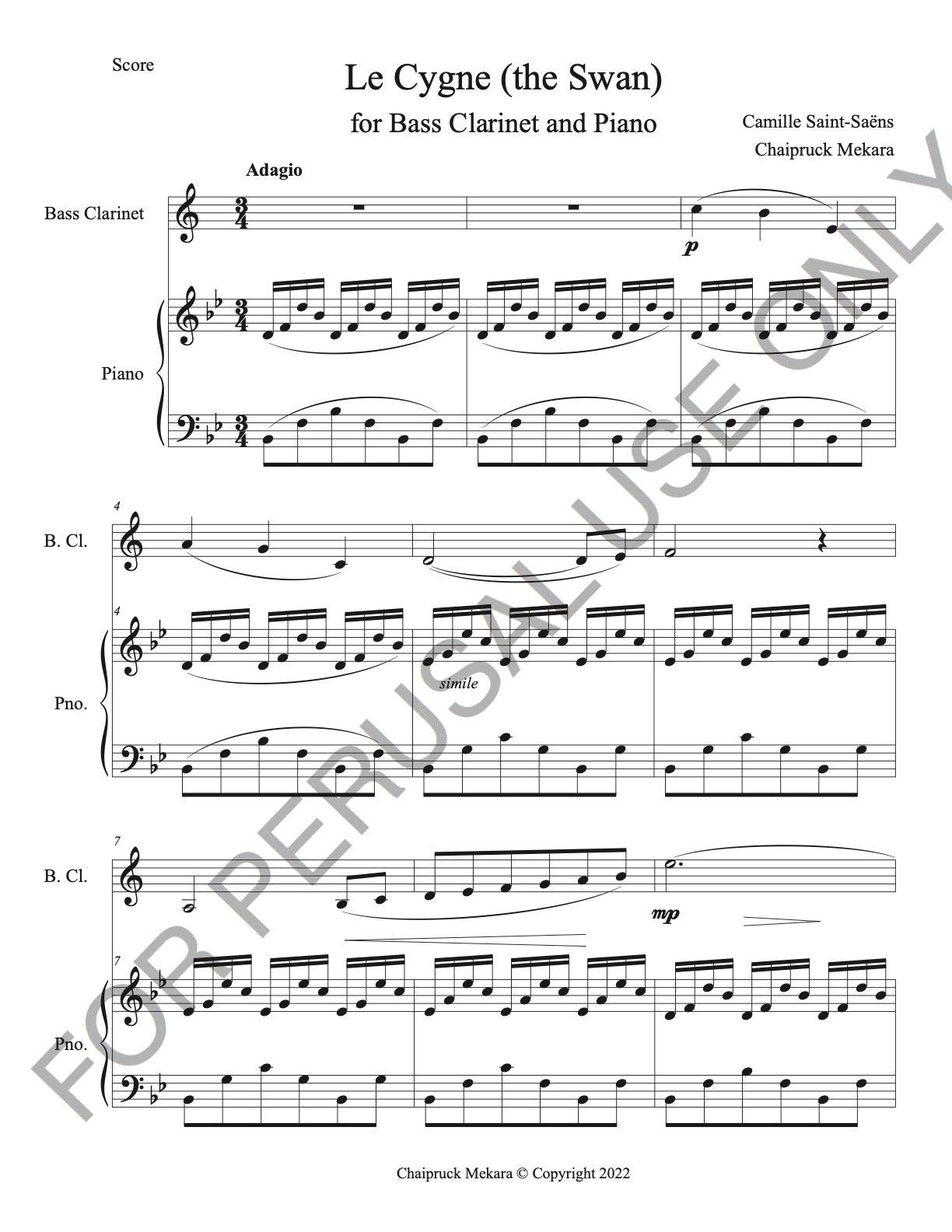 Bass Clarinet and Piano sheet music: The Swan by Saint-Saëns - ChaipruckMekara