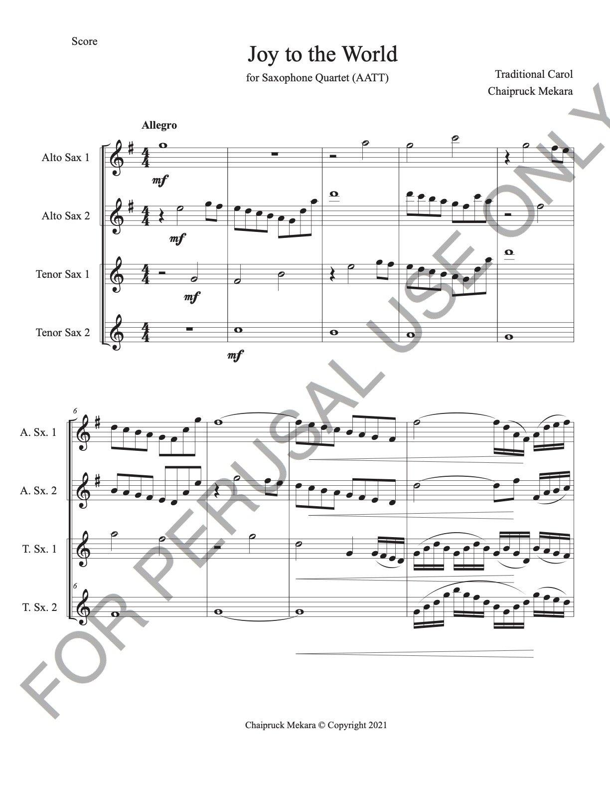 Joy to the World (for Saxophone Quartet-AATT) - ChaipruckMekara