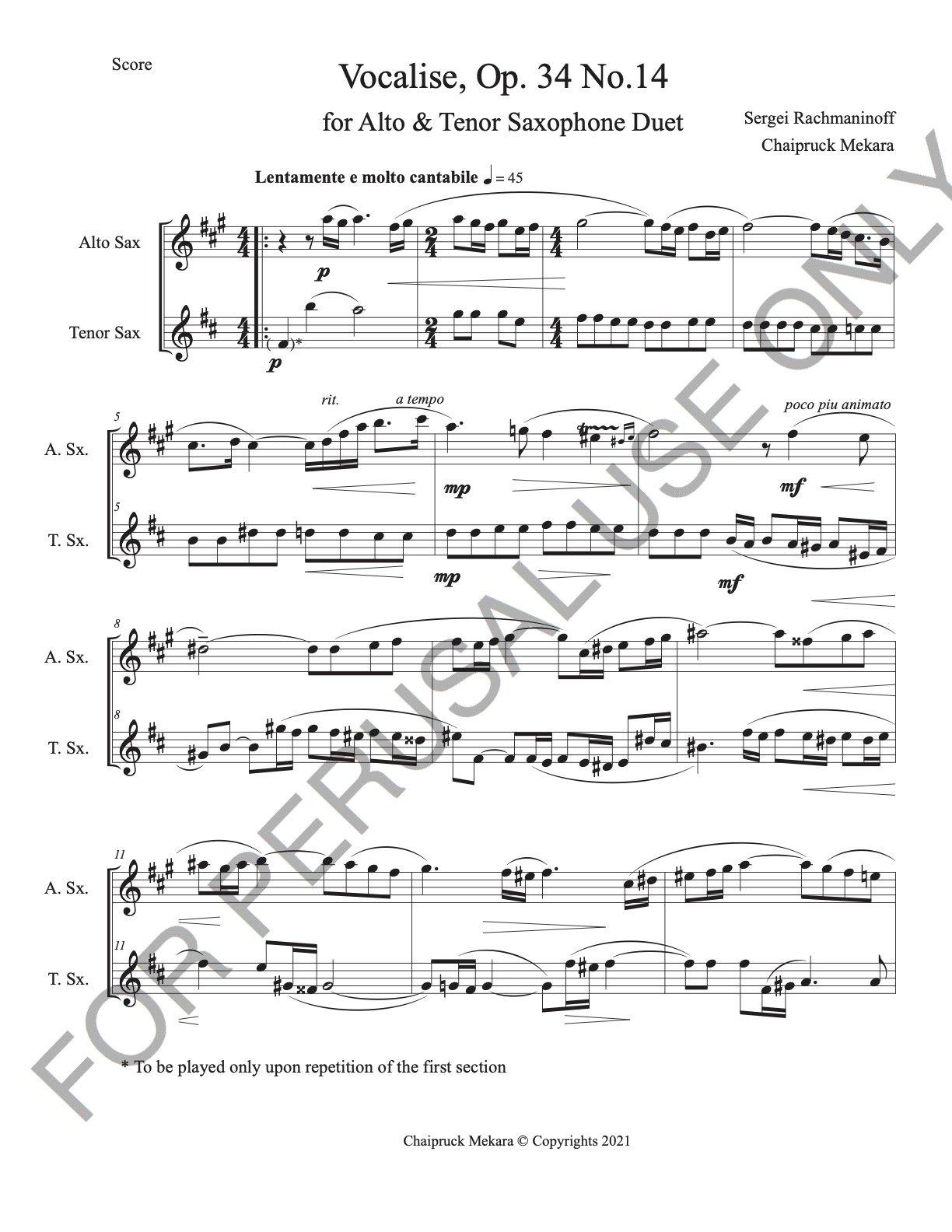 Vocalise, Op. 34 no.14 by Sergei Rachmaninoff for Alto and Tenor Sax Duet (score+parts) - ChaipruckMekara