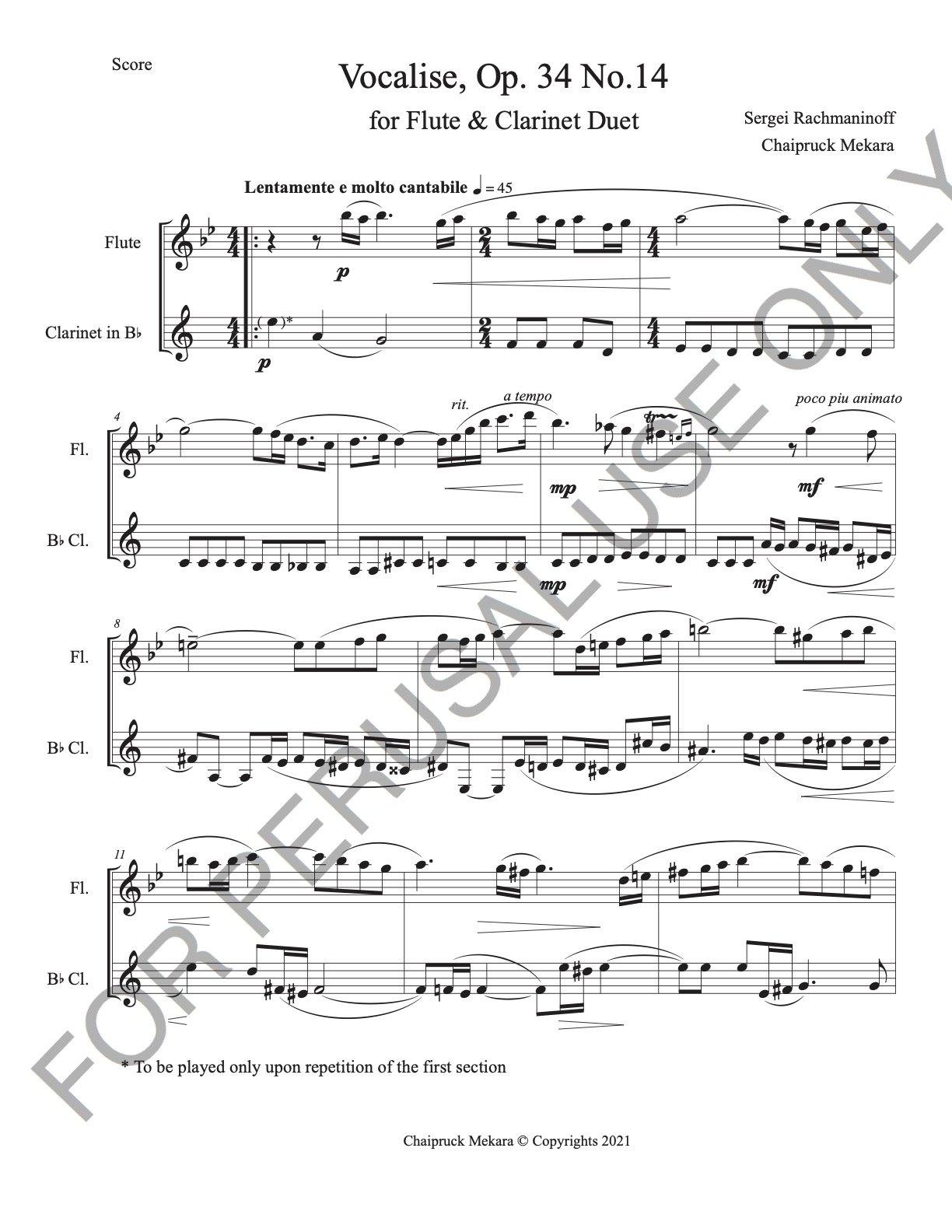 Vocalise, Op. 34 no.14 by Sergei Rachmaninoff for Flute and Clarinet Duet (score+parts) - ChaipruckMekara