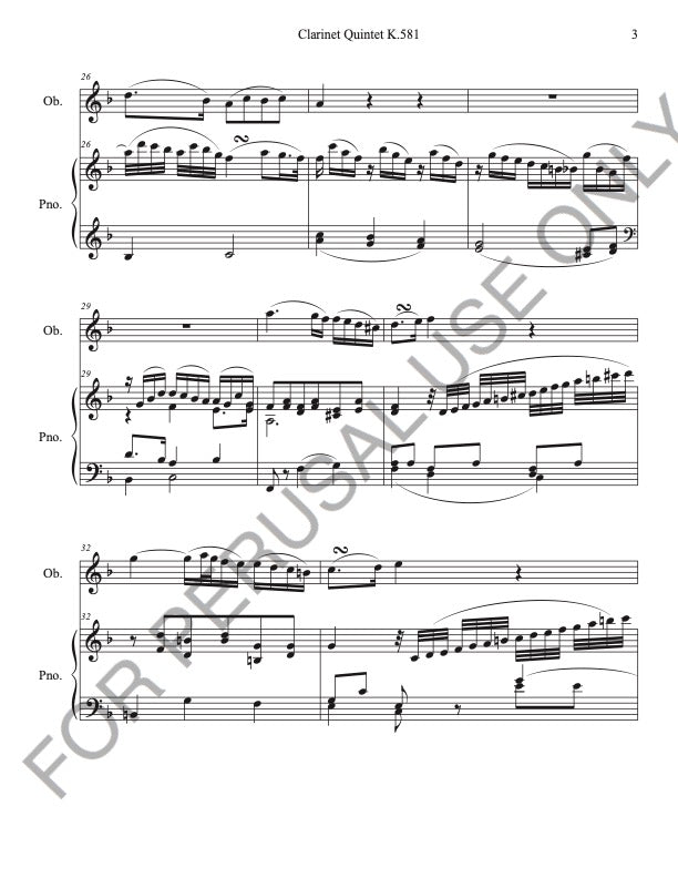 Oboe and Piano of Mozart's Clarinet Quintet K.581 (Larghetto) Score+Part+mp3