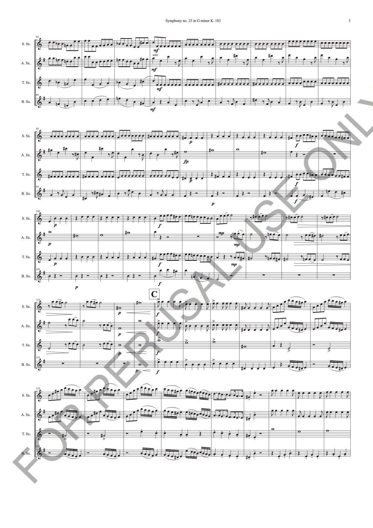Saxophone Quartet sheet music-SATB : Mozart's Symphony no. 25 in G minor - ChaipruckMekara