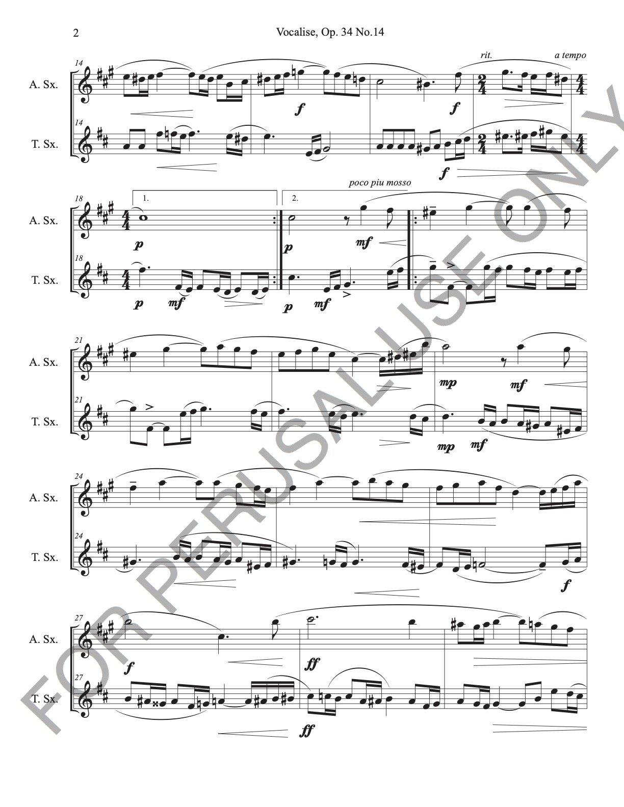 Vocalise, Op. 34 no.14 by Sergei Rachmaninoff for Alto and Tenor Sax Duet (score+parts) - ChaipruckMekara