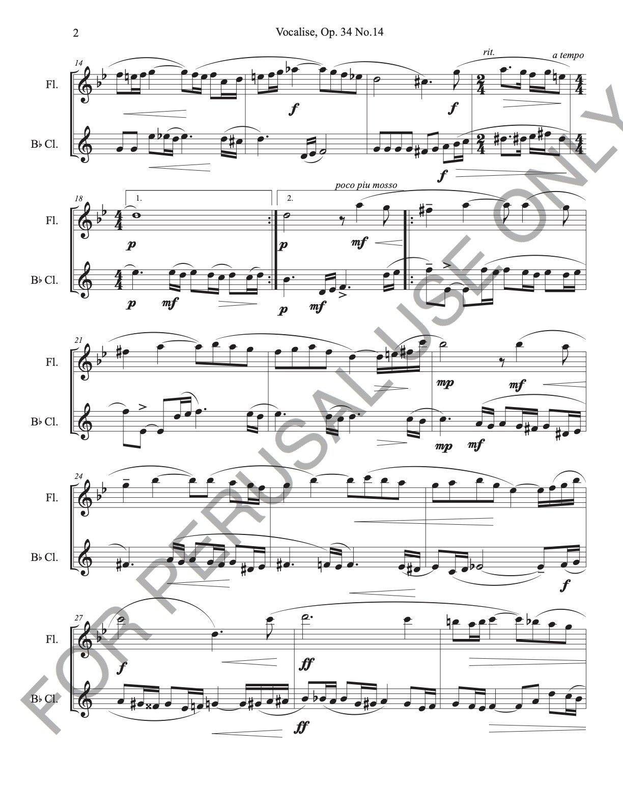 Vocalise, Op. 34 no.14 by Sergei Rachmaninoff for Flute and Clarinet Duet (score+parts) - ChaipruckMekara